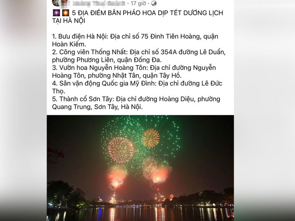 Hà Nội phủ nhận thông tin 'bắn pháo hoa 5 điểm dịp Tết Dương lịch 2024'