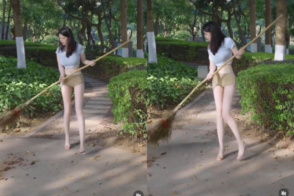 Quét công viên trong trang phục 'bỏng mắt', hot girl xứ Trung gây tranh cãi