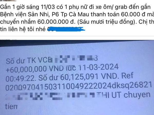 Đi xe ôm 60 nghìn, khách trả nhầm 60 triệu đồng