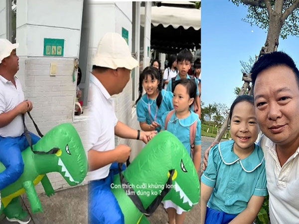 Ông bố cưỡi khủng long đến đón con tan học tiết lộ lý do cay mắt phía sau clip hài hước 10 triệu view