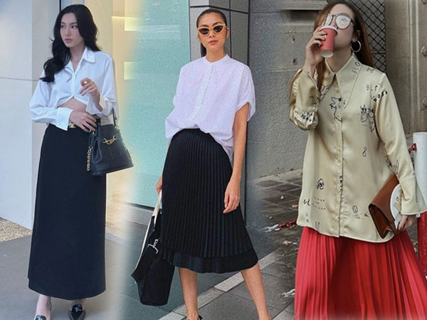 Hội mỹ nhân Việt phối áo sơ mi với 4 kiểu váy che chân 'cột đình', biến eo bánh mì thành con kiến
