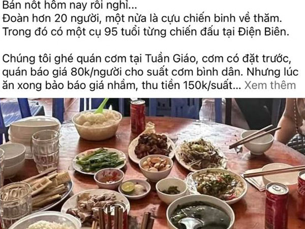 Bị tố 'chém' cựu chiến binh ở Điện Biên 150k/suất cơm, chủ quán nói 'thức ăn nhiều nên giá cao hơn'