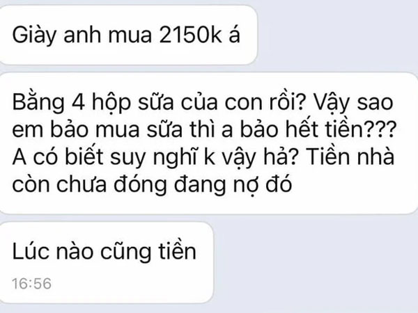 Câu chuyện lương chồng 7 triệu đồng nhưng mua giày 2 triệu mà không đưa vợ tiền mua sữa cho con khiến cư dân mạng 'chia phe' tranh luận