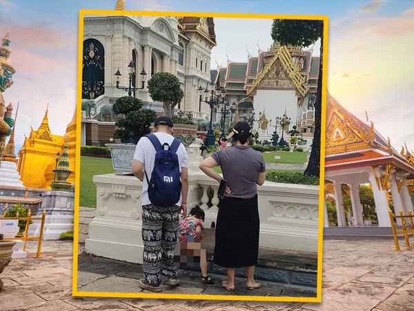 Thấy tấm biển yêu cầu giữ vệ sinh, cặp đôi Trung Quốc vẫn để con gái thực hiện hành vi đáng xấu hổ bên cung điện ở Thái Lan