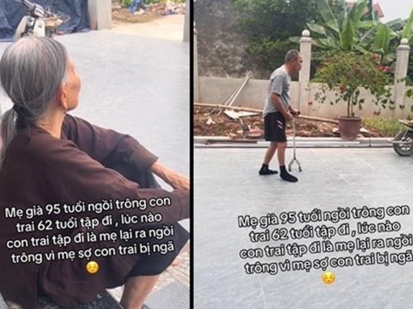 Xúc động clip mẹ già 95 tuổi vẫn lo lắng chông trừng con trai 62 tuổi tập đi vì sợ bị ngã