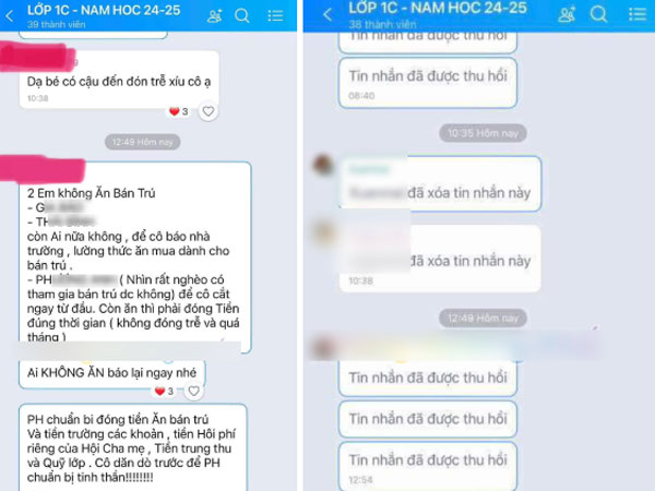 Phụ huynh bức xúc tố cô giáo chê học sinh 'nhìn rất nghèo, có tham gia bán trú được không', rồi xoá vội tin nhắn
