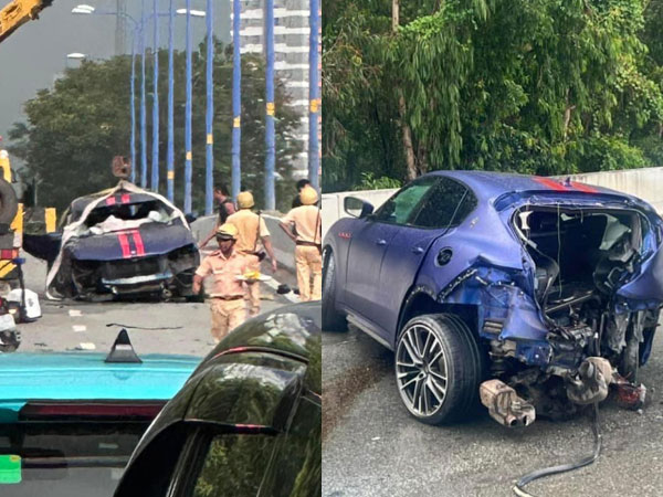 Hiện trường vụ siêu xe Maserati 15 tỷ đồng lộn nhiều vòng trên trên đường Mai Chí Thọ, bánh và bộ phận xe văng vài chục mét