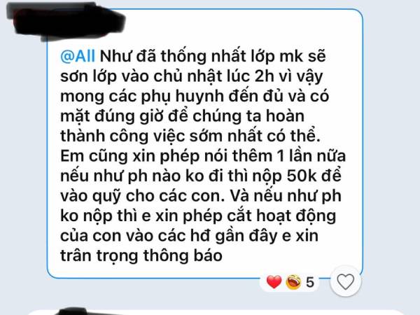 Xôn xao tin nhắn Ban phụ huynh yêu cầu các phụ huynh đi sơn lớp, không đi thì đóng 50.000 kèm theo lời 'đe nẹt'?