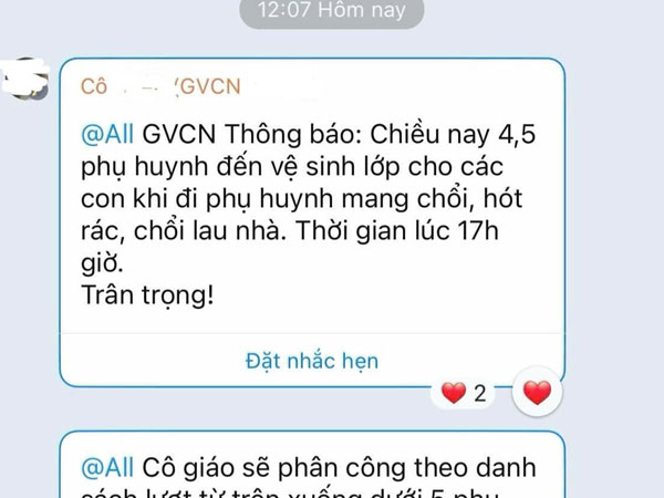 Giáo viên ở Hà Nội phân công phụ huynh 'sau 17h mang chổi đến trực nhật lớp'