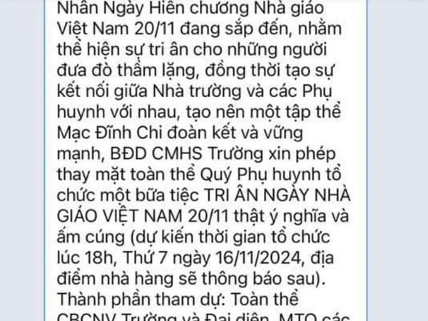 Phụ huynh vận động tổ chức gặp mặt tri ân ngày 20-11, trường ra thông báo khẩn