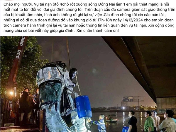 Vụ ô tô rơi xuống sông Đồng Nai khiến cô gái trẻ 22 tuổi tử vong thương tâm: Gia đình khẩn thiết mong điều này
