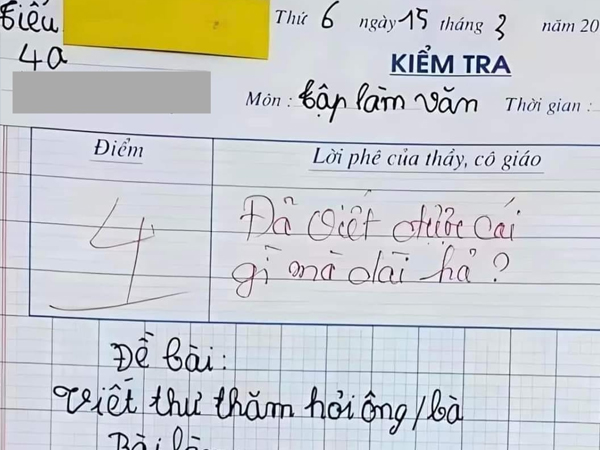 Bài tập làm văn có pha 'bẻ lái' bị chấm dưới điểm trung bình, cô giáo không kìm được phải phê thêm 8 chữ
