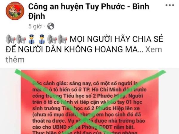 Bình Định thông tin việc 'học sinh lớp 3 bị bắt cóc trong giờ ra chơi' lan truyền trên mạng xã hội