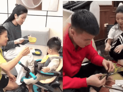 Trong bữa cơm nhà chồng, Chu Thanh Huyền miệt mài tám chuyện, Quang Hải chỉ cười mỉm cũng đủ thấy cưng vợ cỡ nào