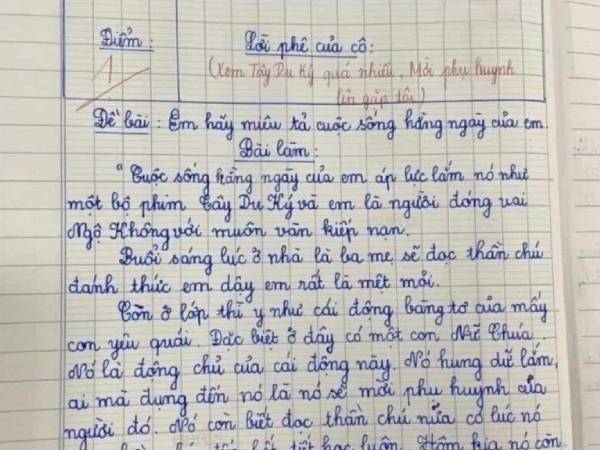 Bài văn tả cuộc sống hàng ngày của học sinh lớp 3 bị chấm 1 điểm: Cô giáo đọc xong 'tái mặt', yêu cầu mời phụ huynh lên gặp