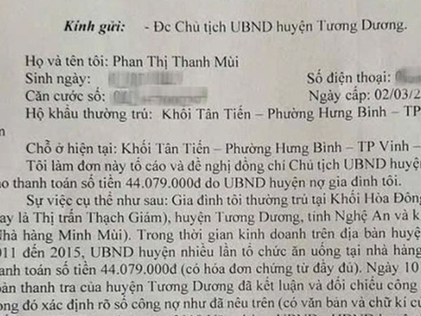 Nữ chủ nhà hàng viết đơn đòi Chủ tịch huyện trả tiền cơm 'tiếp khách'