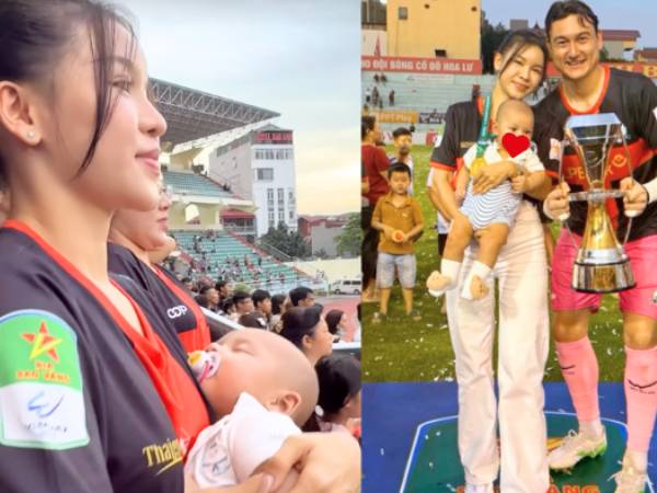 Yến Xuân chiếm spotlight khi bế con đến SVĐ ăn mừng vô địch cùng Lâm Tây, sắc vóc vẫn quyến rũ nhất dàn WAGs Việt