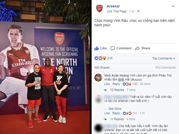 Fanpage đội bóng Arsenal đăng ảnh chúc mừng đám cưới Vinh Râu