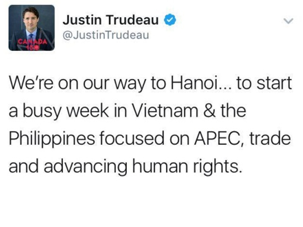 Thủ tướng Canada đăng Twitter khi trên đường đến Hà Nội