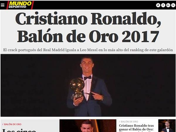 Báo chí thế giới 'quỳ rạp' trước Ronaldo 5 Quả bóng Vàng