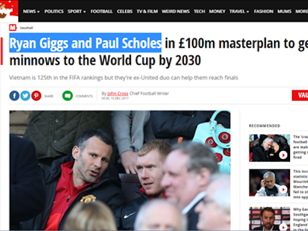 Báo Anh nói về Ryan Giggs và kế hoạch 100 triệu bảng của bóng đá Việt