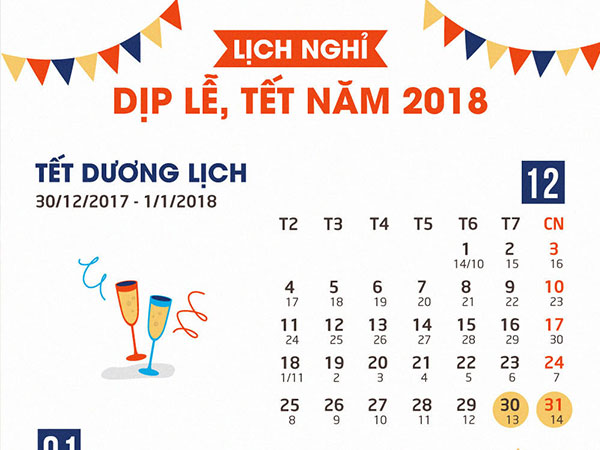 Chi tiết lịch nghỉ dịp lễ, tết năm 2018