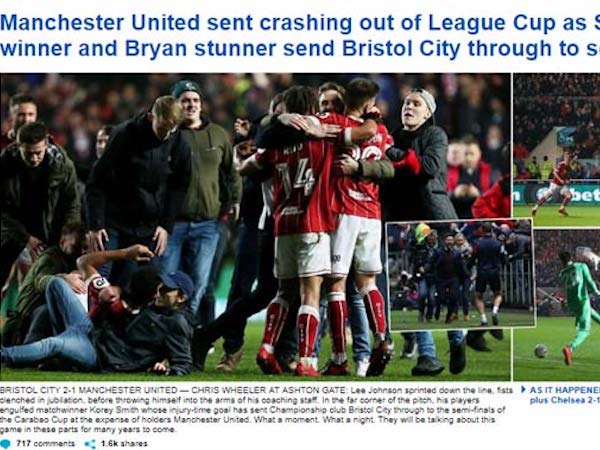 MU bị loại sốc: Báo chí Anh gọi là kì tích của Bristol, 'dìm' Mourinho