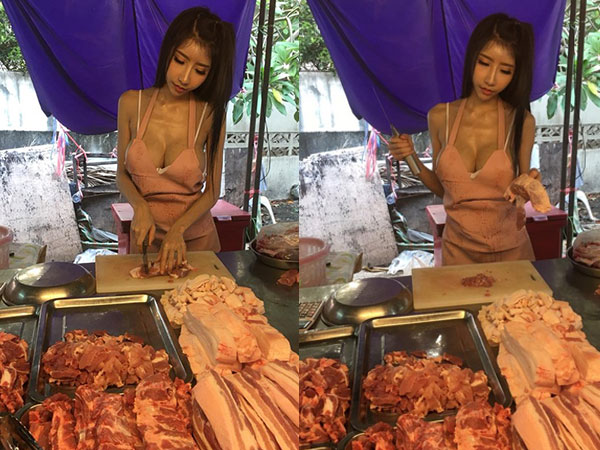 Cô gái Thái mặc bikini bán thịt lợn gây sốt dân mạng