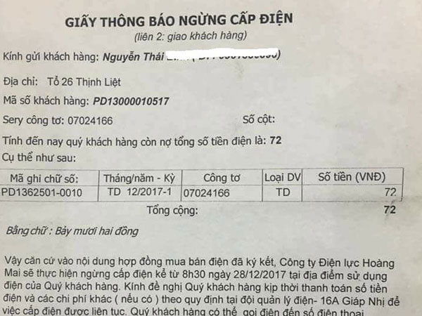 Nợ 72 đồng, khách hàng ở Hà Nội nhận giấy thông báo ngừng cấp điện