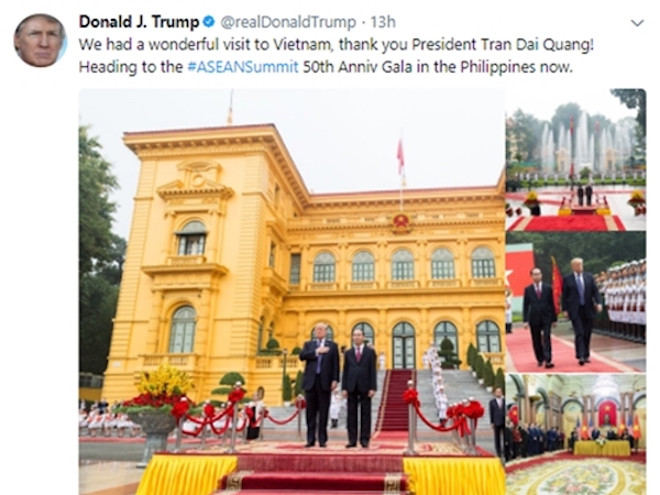 Tổng thống Trump cảm ơn Chủ tịch nước Trần Đại Quang trên Twitter