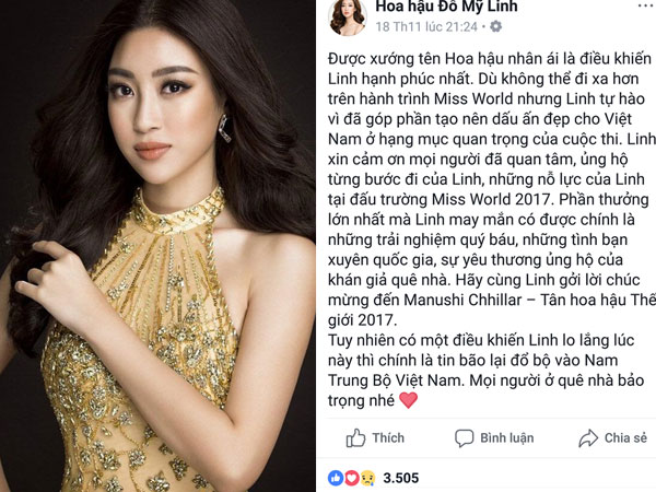 Chia sẻ cảm động của Đỗ Mỹ Linh sau đêm chung kết Miss World 2017