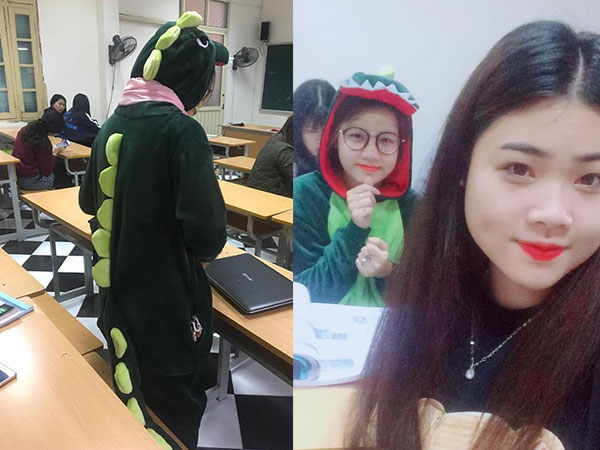 Cô bạn mặc đồ khủng long tới lớp: Trời lạnh chỉ là chuyện nhỏ thôi!
