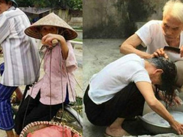 Cụ ông đạp xe cũ, chở lẵng hoa lặng lẽ đi theo sau cụ bà