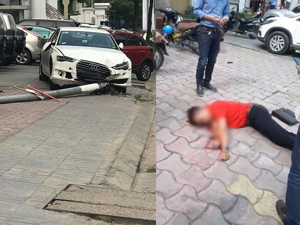 Hà Nội: Xe sang húc cột đèn, cột đèn đổ vào đầu người dân đang đi bộ trên vỉa hè