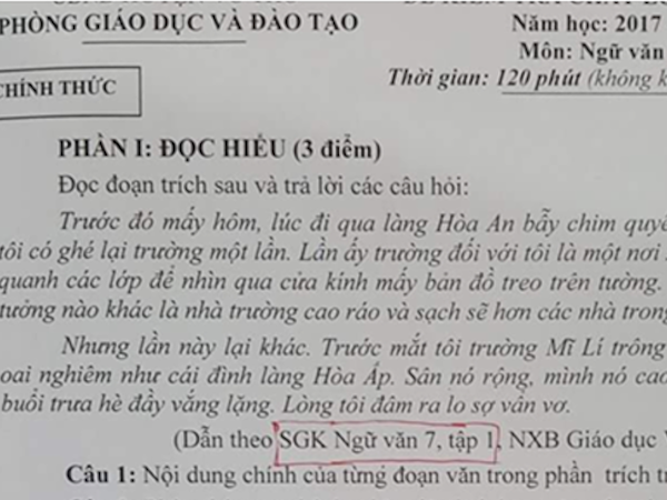 Nhầm kiến thức khi ra đề thi môn Ngữ văn lớp 8 ở Thái Bình