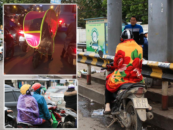 Chùm ảnh: Người dân Hà Nội khoác cả chăn bông, mặc áo mưa xuống phố để tránh rét