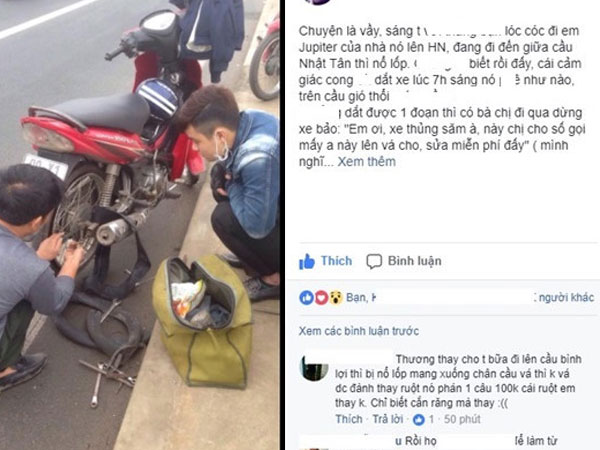 9X cảm động vì được sửa xe miễn phí trên cầu Nhật Tân