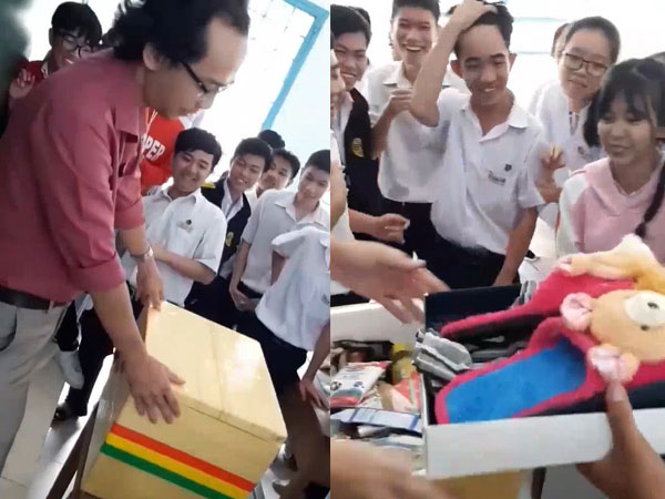 Học sinh tặng sinh nhật thầy thùng xốp chứa cả tiệm tạp hóa gây sốt