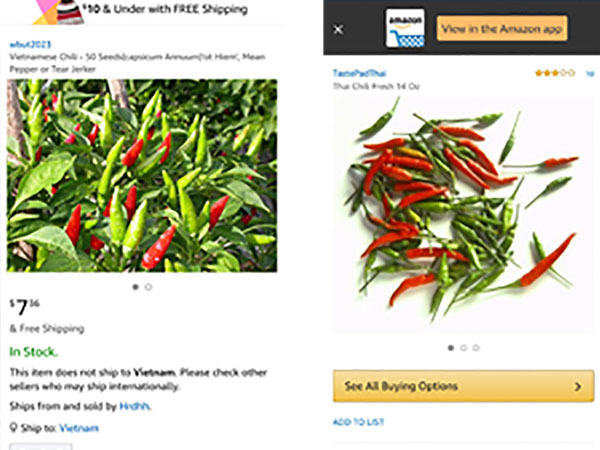 Ớt Việt được rao bán trên Amazon 670.000 đồng/kg
