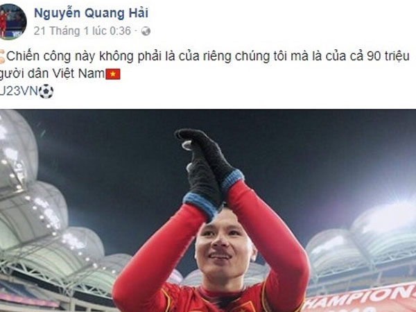 Người hâm mộ vào Facebook của Quang Hải chúc mừng