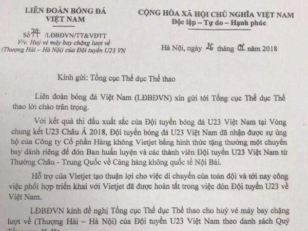Vì sao VFF đề nghị hủy chuyến bay ở phút chót của U23 Việt Nam?