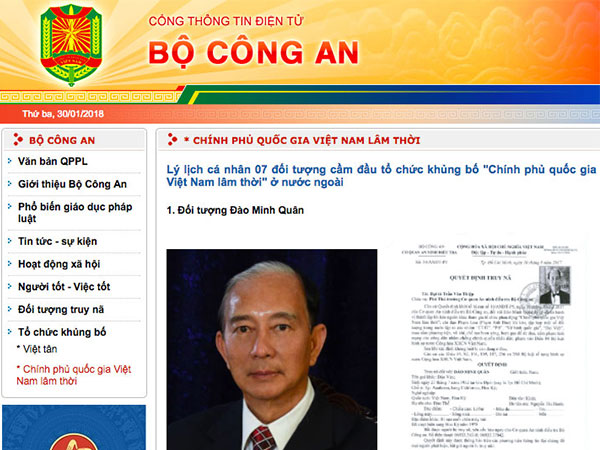 Bộ CA thông báo về tổ chức khủng bố 'Chính phủ quốc gia VN lâm thời'