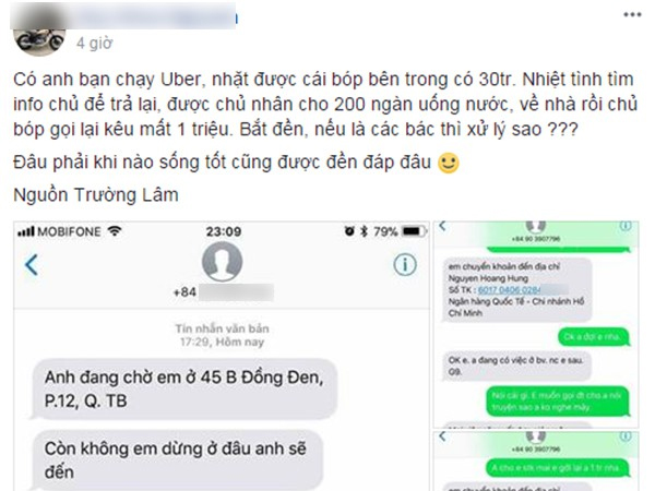Cộng đồng mạng sôi sục vì khách đi Uber được trả lại ví để quên nhưng kêu mất 1 triệu đồng