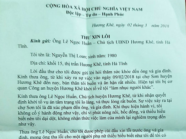 Nữ tiểu thương hắt tiết lợn gửi thư xin lỗi Chủ tịch huyện