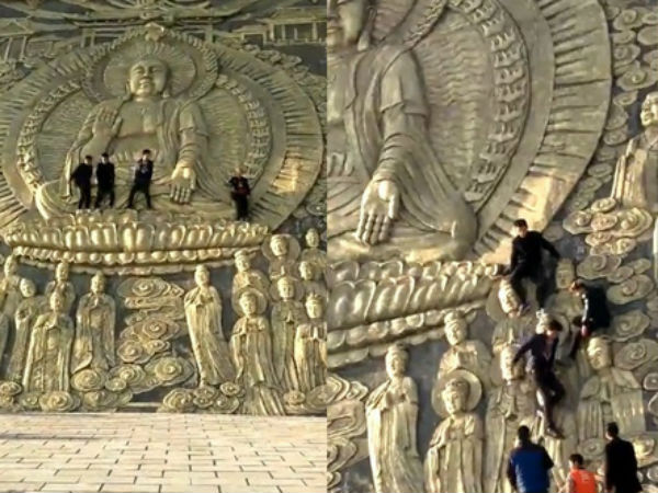 Du khách Trung Quốc leo lên đầu tượng Phật