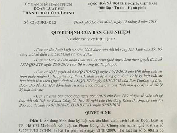 Một luật sư ở TP.HCM bị kỷ luật, xóa tên