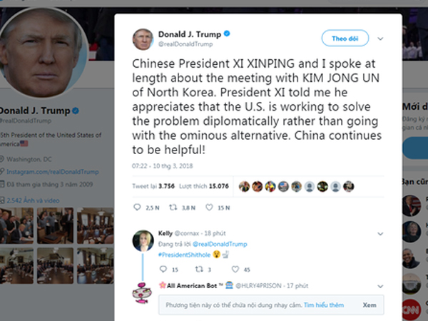 Ông Trump viết nhầm tên ông Tập Cận Bình khi khen Trung Quốc