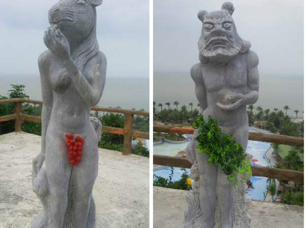 Tượng 12 con giáp được che bằng lá cây, chùm nho thay quần, váy