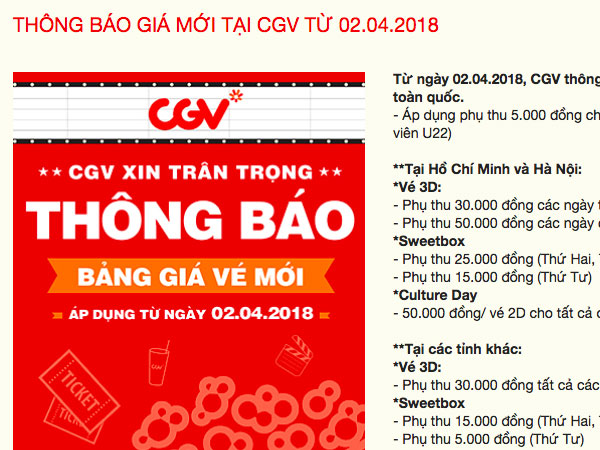Đại diện CGV chính thức lên tiếng về việc thay đổi giá vé