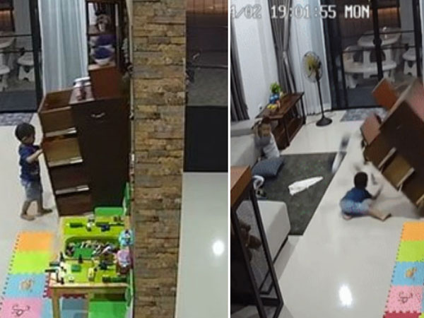Video: Cậu bé suýt mất mạng vì bị tủ đè vào người